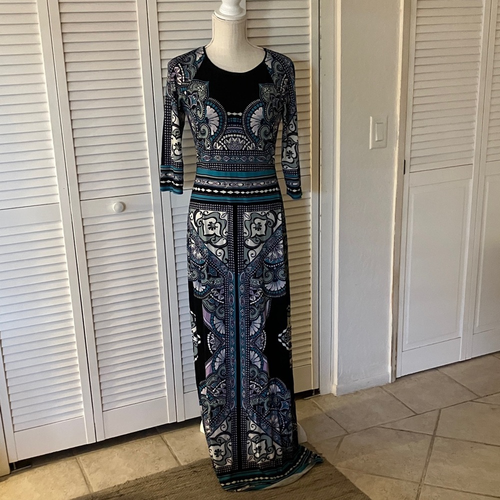 Hale Bob Black Maxi Dress with Blue, Lavender ,and White Paisley Motif Size S